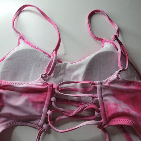 Corset Back String Swimsuit One Piece Hot Pink Open Front Womens Medium - Picture 5 of 10